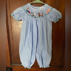 Shrimp & Grits kids farm animal check blue white